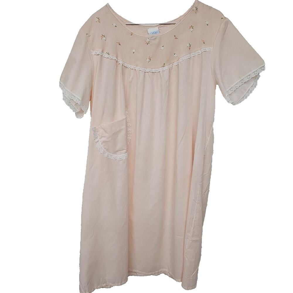 Vtg Katz Pink Embroidered Nightgown Womens XL Lace Cottagecore Grannycore
